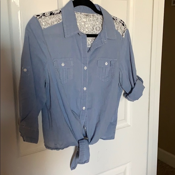 Denim Button Up w Tie & Lace - Picture 1 of 6